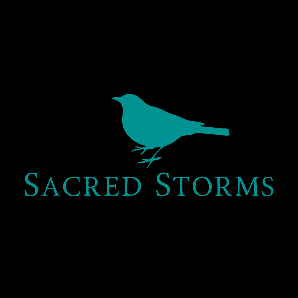 Sacred Storms Logo is a Teal Bird sitting atop the words, "Sacred Storms" over a black background.